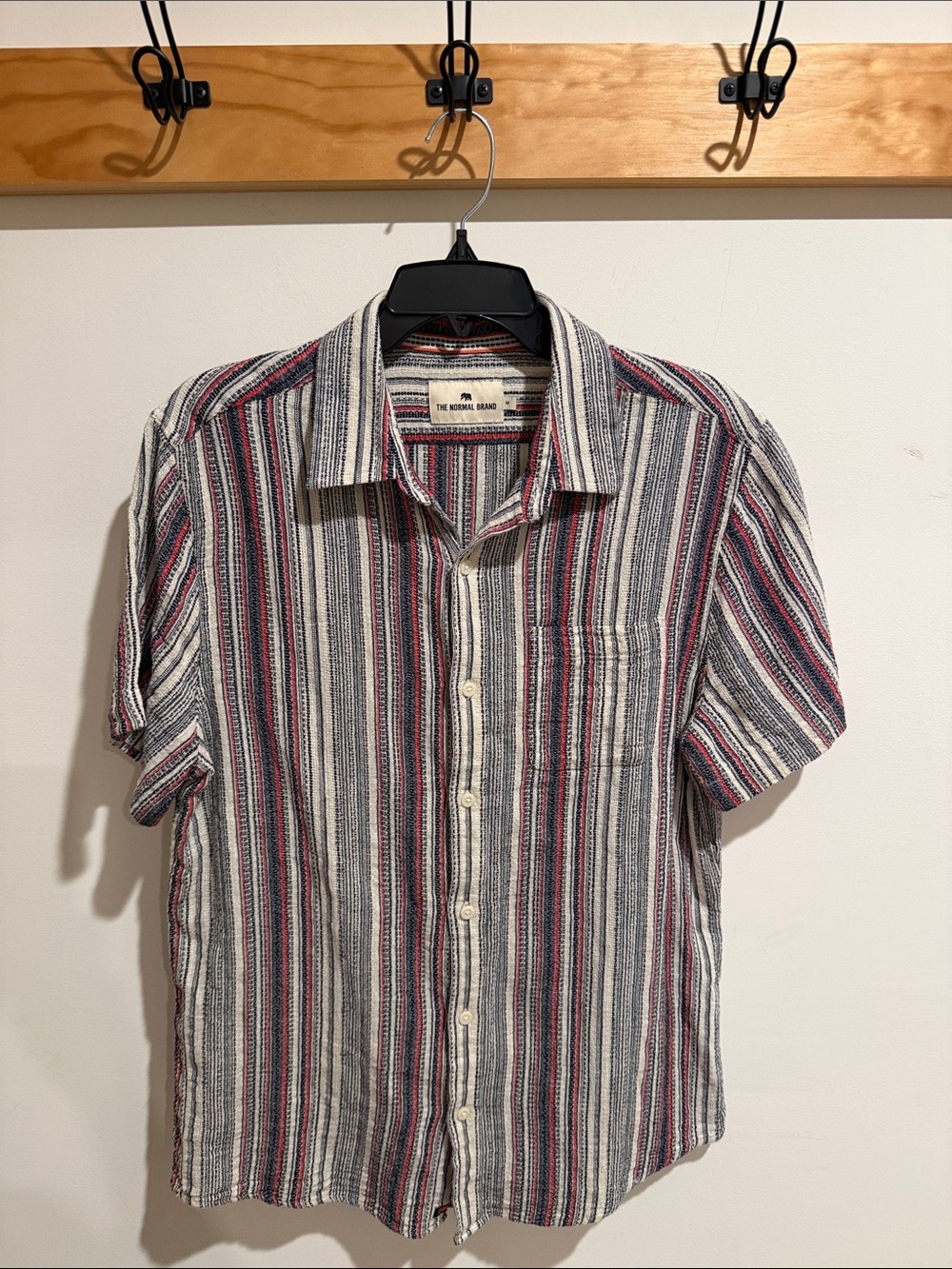 The Normal Brand Men’s Short-Sleeve Striped Button-Up Shirt — White, Navy & Red